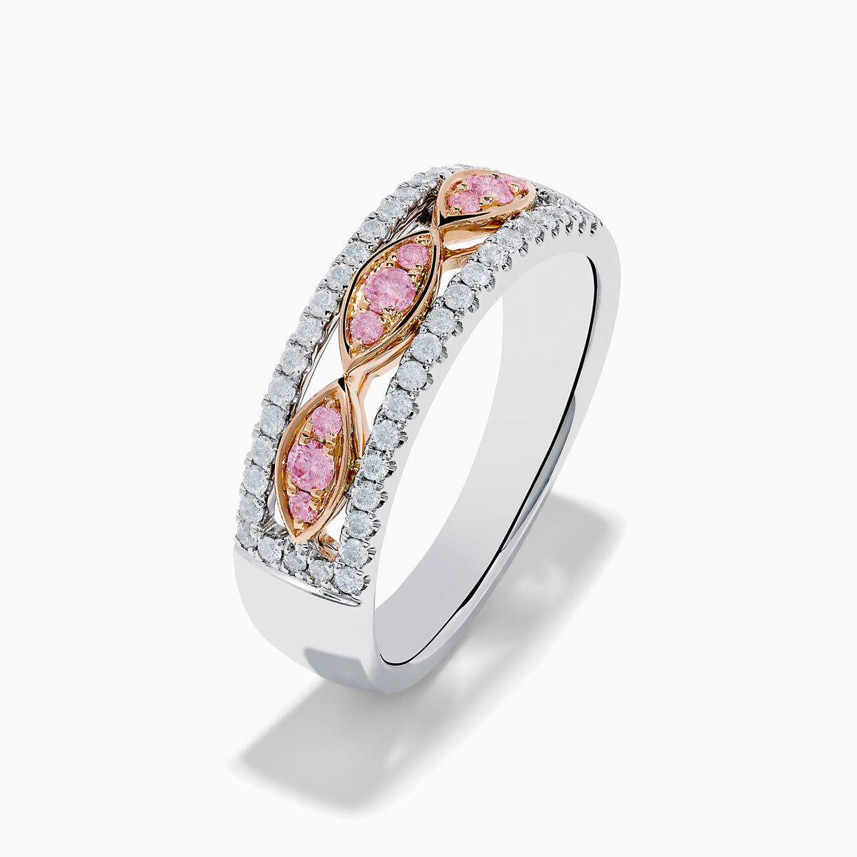 The 14K Two Tone Gold White and Pink Diamond Ring features a wide silver band with a central row of pink marquise stones set in 14K gold, bordered by sparkling white diamonds.