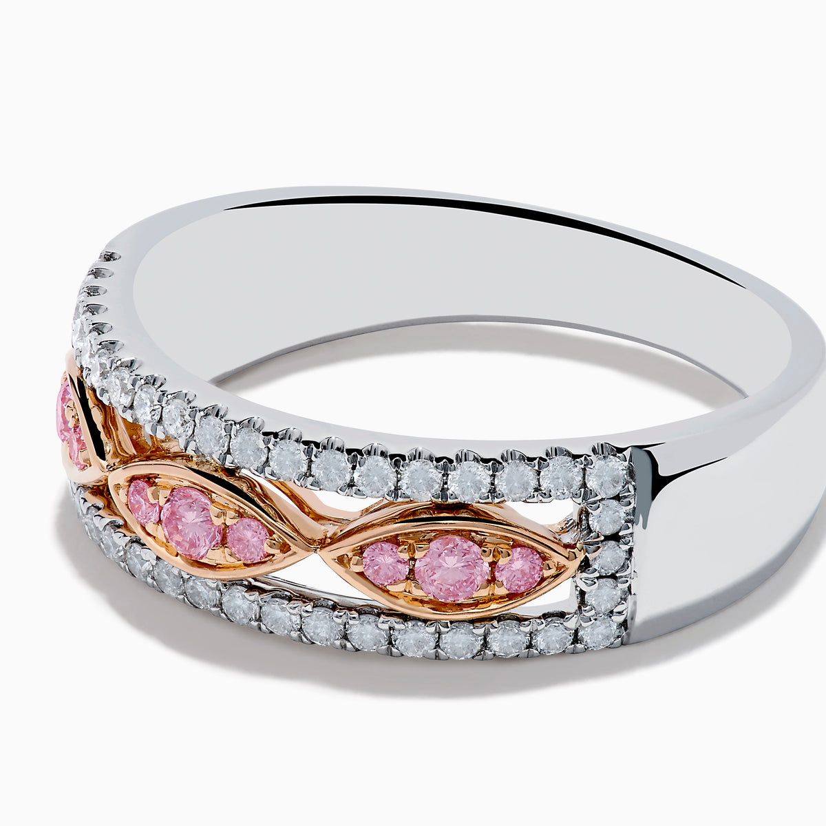 The 14K Two Tone Gold White and Pink Diamond Ring features a wide silver band with a central row of pink marquise stones set in 14K gold, bordered by sparkling white diamonds.