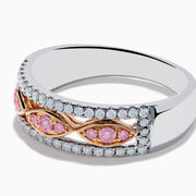 The 14K Two Tone Gold White and Pink Diamond Ring features a wide silver band with a central row of pink marquise stones set in 14K gold, bordered by sparkling white diamonds.