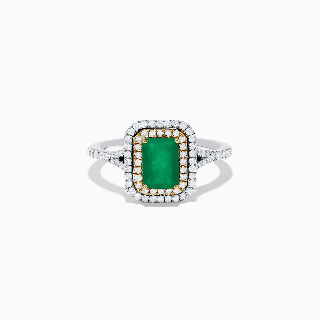 The Brasilica 14K White & Yellow Gold Emerald and Diamond Double Halo Ring features a central rectangular emerald, framed by double halos of round diamonds set in both 14K yellow and white gold.