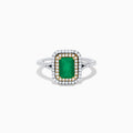 The Brasilica 14K White & Yellow Gold Emerald and Diamond Double Halo Ring features a central rectangular emerald, framed by double halos of round diamonds set in both 14K yellow and white gold.