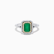 The Brasilica 14K White & Yellow Gold Emerald and Diamond Double Halo Ring features a central rectangular emerald, framed by double halos of round diamonds set in both 14K yellow and white gold.