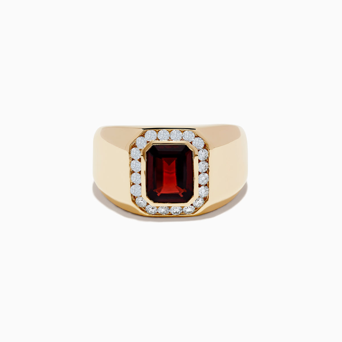 The Mens 14K Yellow Gold Garnet and Diamond Ring showcases a rectangular deep red garnet center stone accented by small round white diamonds, displayed against a plain white background.