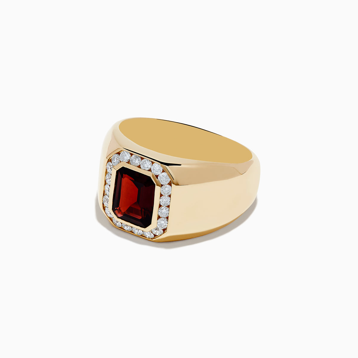 The Mens 14K Yellow Gold Garnet and Diamond Ring showcases a rectangular deep red garnet center stone accented by small round white diamonds, displayed against a plain white background.