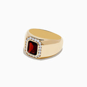 The Mens 14K Yellow Gold Garnet and Diamond Ring showcases a rectangular deep red garnet center stone accented by small round white diamonds, displayed against a plain white background.