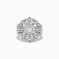 The Pave Classica 14K White Gold Diamond Ring features intricate filigree patterns, a large central round diamond, and smaller diamonds in a decorative, vintage-inspired design.