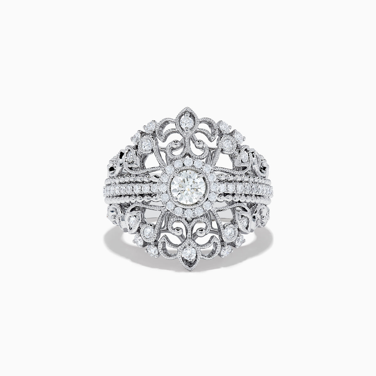 The Pave Classica 14K White Gold Diamond Ring features intricate filigree patterns, a large central round diamond, and smaller diamonds in a decorative, vintage-inspired design.