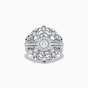 The Pave Classica 14K White Gold Diamond Ring features intricate filigree patterns, a large central round diamond, and smaller diamonds in a decorative, vintage-inspired design.