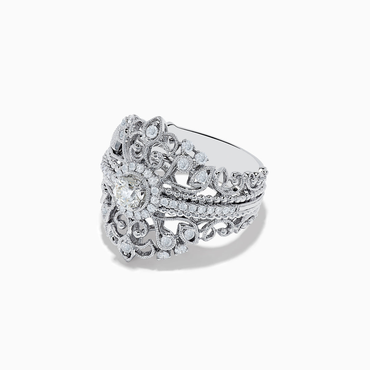 The Pave Classica 14K White Gold Diamond Ring features intricate filigree patterns, a large central round diamond, and smaller diamonds in a decorative, vintage-inspired design.