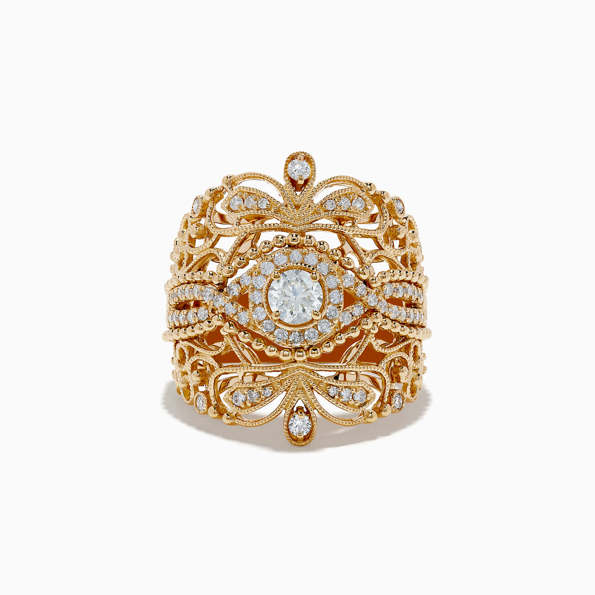 The Doro 14K Yellow Gold Diamond Statement Ring showcases intricate filigree patterns, multiple small diamonds, and a large central diamond, all set in a wide, ornate yellow gold band with decorative loops and arches.