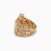 The Doro 14K Yellow Gold Diamond Statement Ring showcases intricate filigree patterns, multiple small diamonds, and a large central diamond, all set in a wide, ornate yellow gold band with decorative loops and arches.