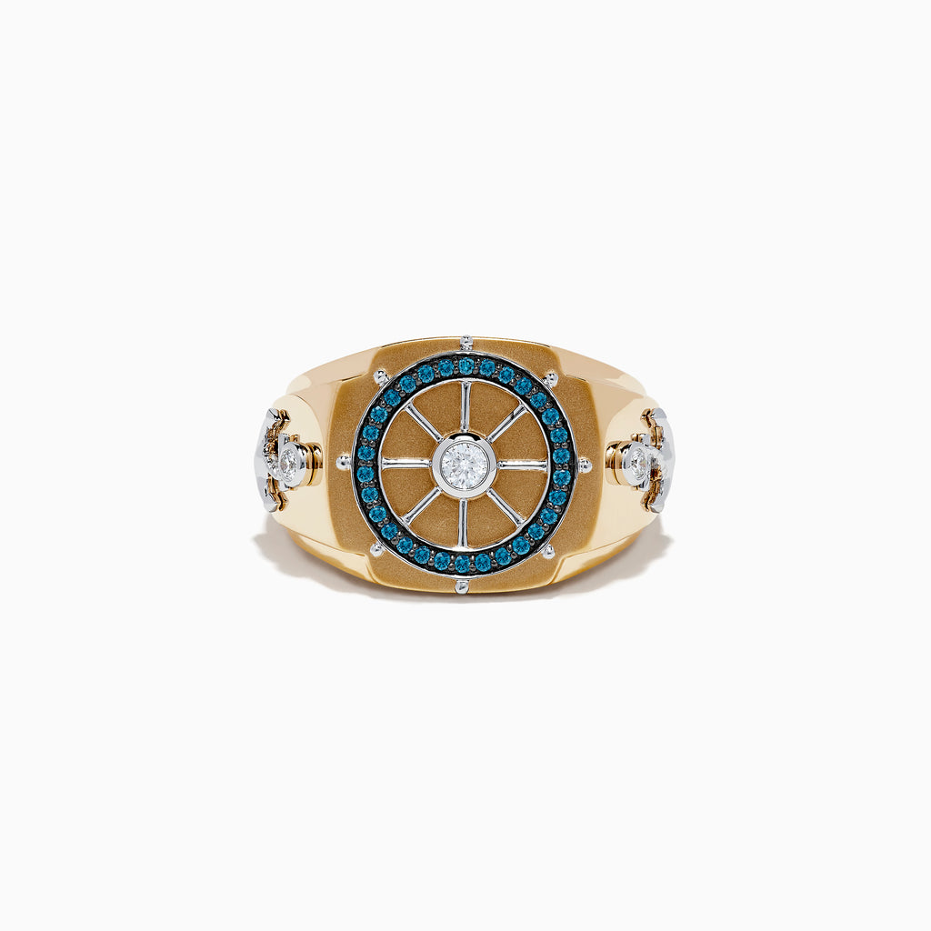 The Men's 14K Gold Blue and White Diamond Ship's Wheel Ring features blue and white diamonds around a central diamond, with extra diamond accents on each side, shown on a white background.