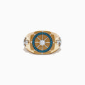 The Men's 14K Gold Blue and White Diamond Ship's Wheel Ring features blue and white diamonds around a central diamond, with extra diamond accents on each side, shown on a white background.