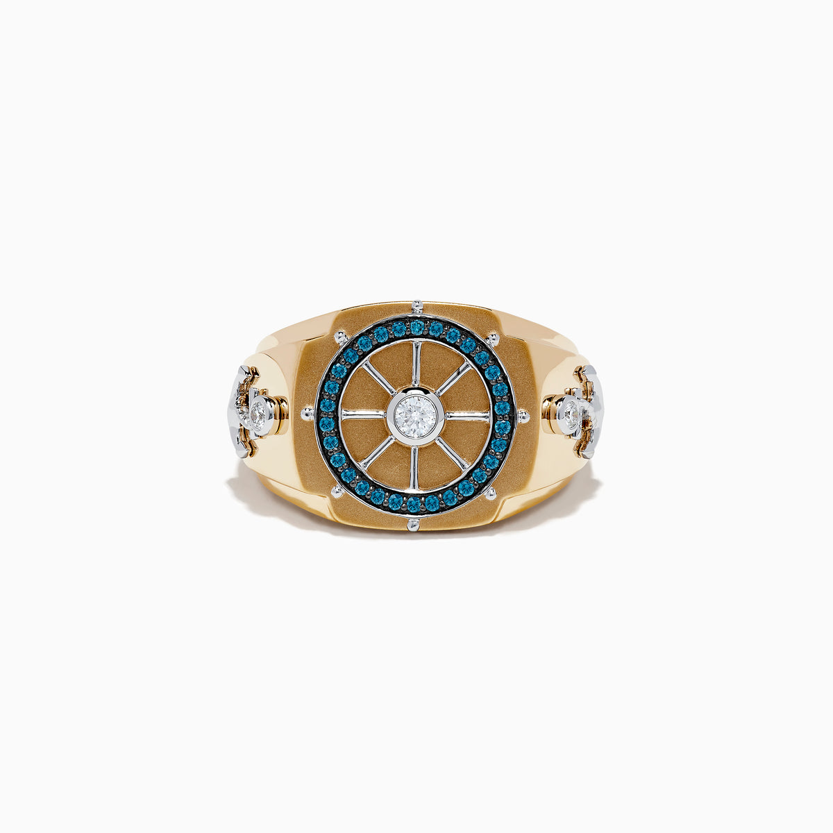 The Men's 14K Gold Blue and White Diamond Ship's Wheel Ring features blue and white diamonds around a central diamond, with extra diamond accents on each side, shown on a white background.