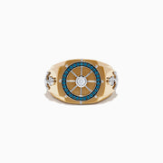 The Men's 14K Gold Blue and White Diamond Ship's Wheel Ring features blue and white diamonds around a central diamond, with extra diamond accents on each side, shown on a white background.