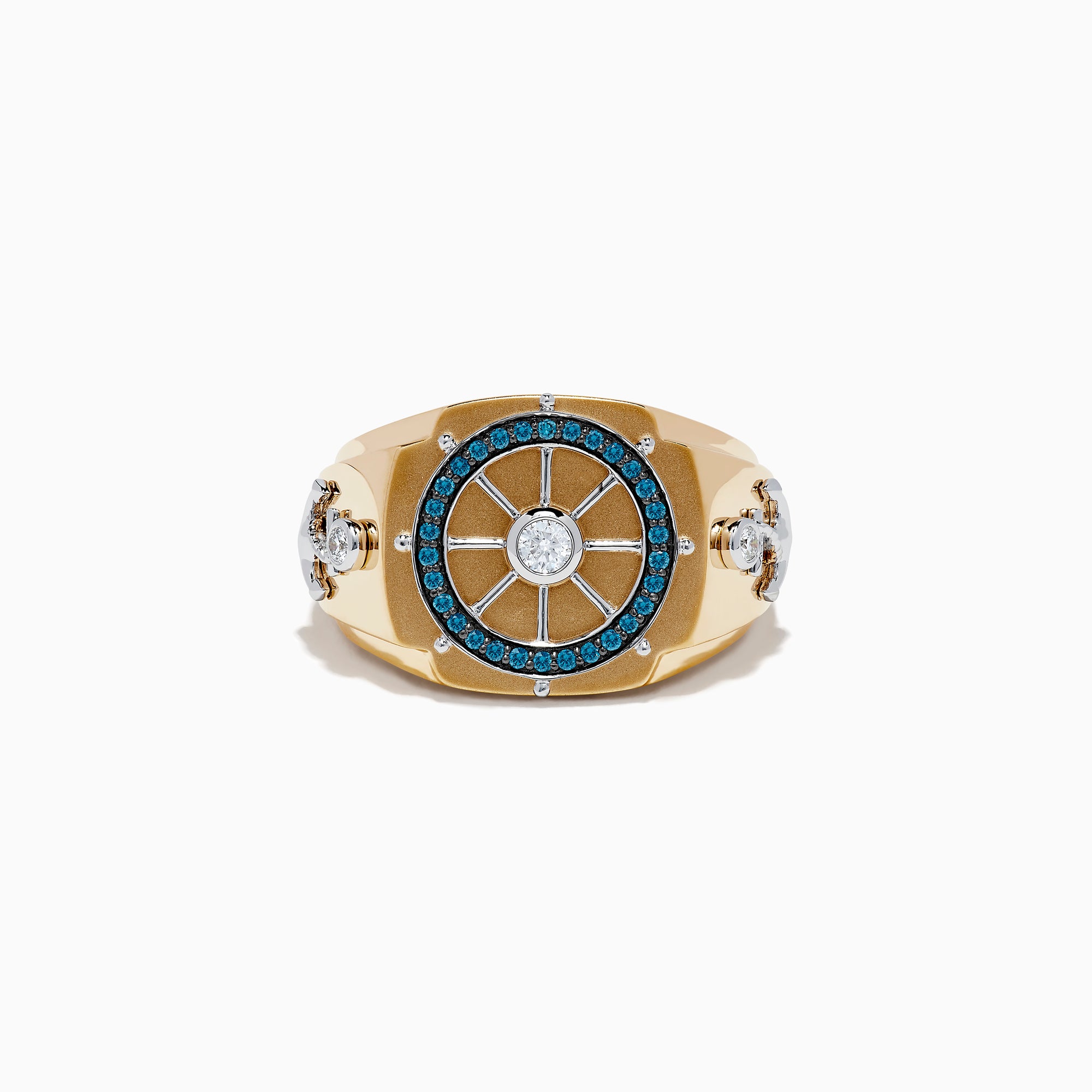 The Men's 14K Gold Blue and White Diamond Ship's Wheel Ring features blue and white diamonds around a central diamond, with extra diamond accents on each side, shown on a white background.