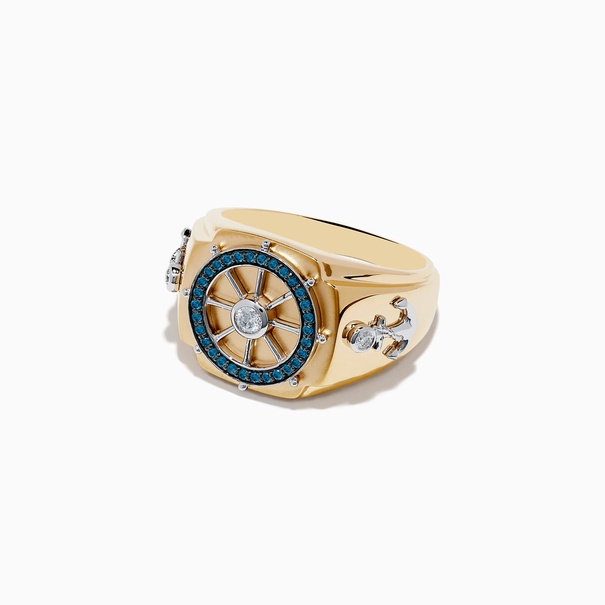 The Men's 14K Gold Blue and White Diamond Ship's Wheel Ring features blue and white diamonds around a central diamond, with extra diamond accents on each side, shown on a white background.