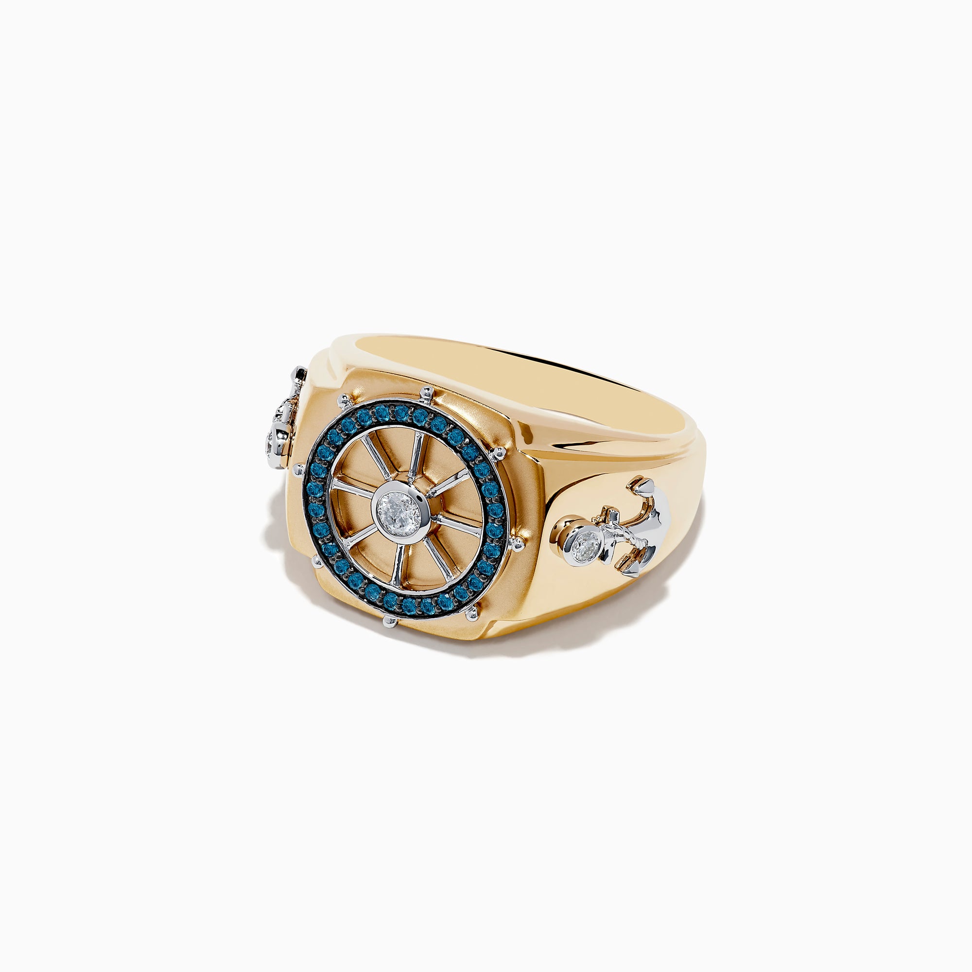 The Men's 14K Gold Blue and White Diamond Ship's Wheel Ring features blue and white diamonds around a central diamond, with extra diamond accents on each side, shown on a white background.