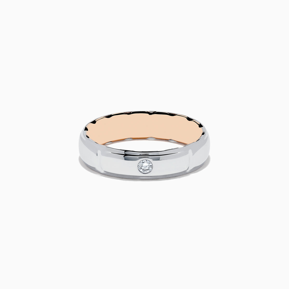 The Mens 14K Two-Tone Gold Diamond Ring features a shiny silver exterior, rose gold interior, and a central round diamond, shown on a plain white background.