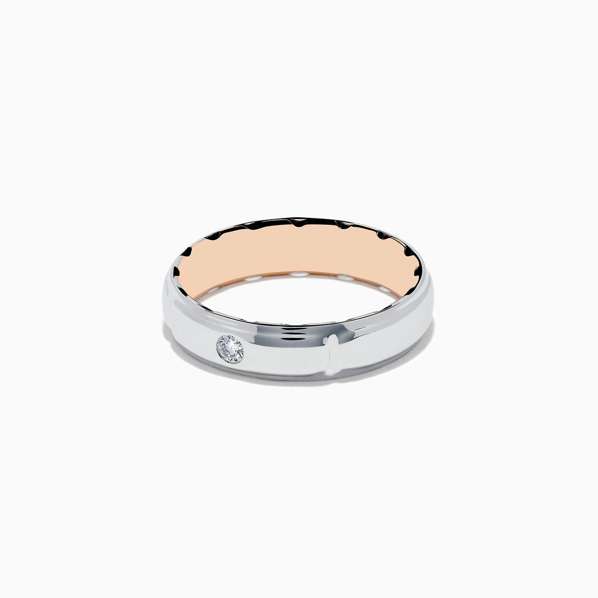 The Mens 14K Two-Tone Gold Diamond Ring features a shiny silver exterior, rose gold interior, and a central round diamond, shown on a plain white background.
