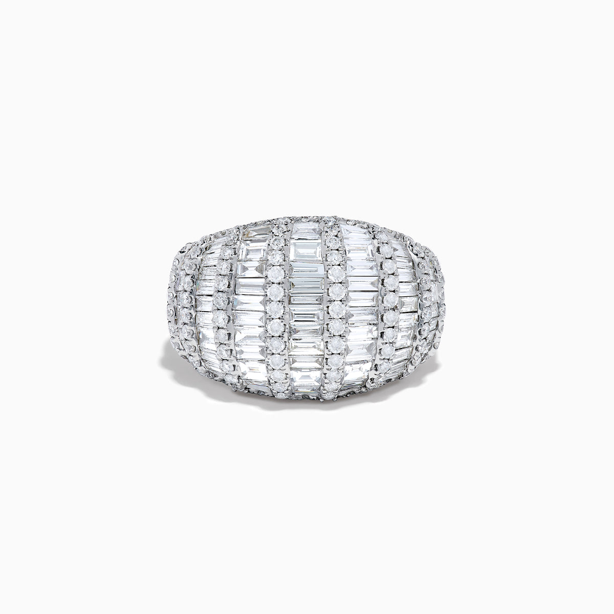 The Classique 14K White Gold Diamond Ring features rows of rectangular and round diamonds in a dome-shaped, grid-like pattern, displayed against a plain white background.