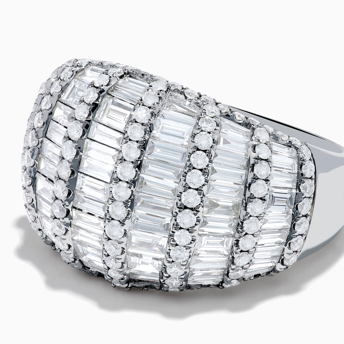 The Classique 14K White Gold Diamond Ring features rows of rectangular and round diamonds in a dome-shaped, grid-like pattern, displayed against a plain white background.