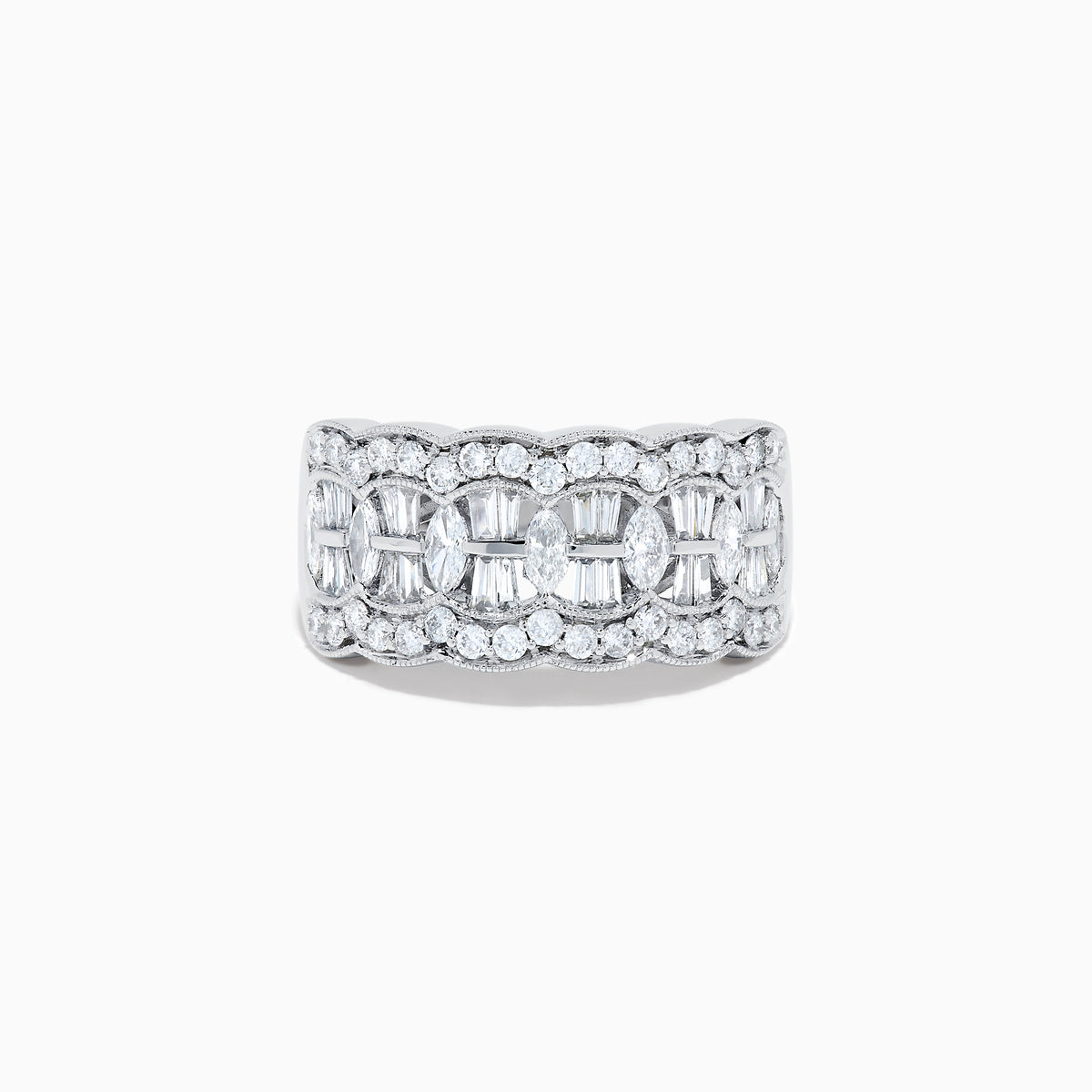 Experience timeless elegance with the 14K White Gold Diamond Multi Shape Wide Band Ring, showcasing two rows of brilliant round diamonds that border a central row of rectangular baguette-cut diamonds arranged in an intricate, repeating pattern.