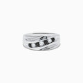 The Mens 14K White Gold Black and White Diamond Ring features a wavy, textured design set with three white diamonds and two black diamonds in a striking row for a bold, modern look.