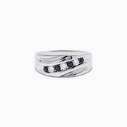 The Mens 14K White Gold Black and White Diamond Ring features a wavy, textured design set with three white diamonds and two black diamonds in a striking row for a bold, modern look.