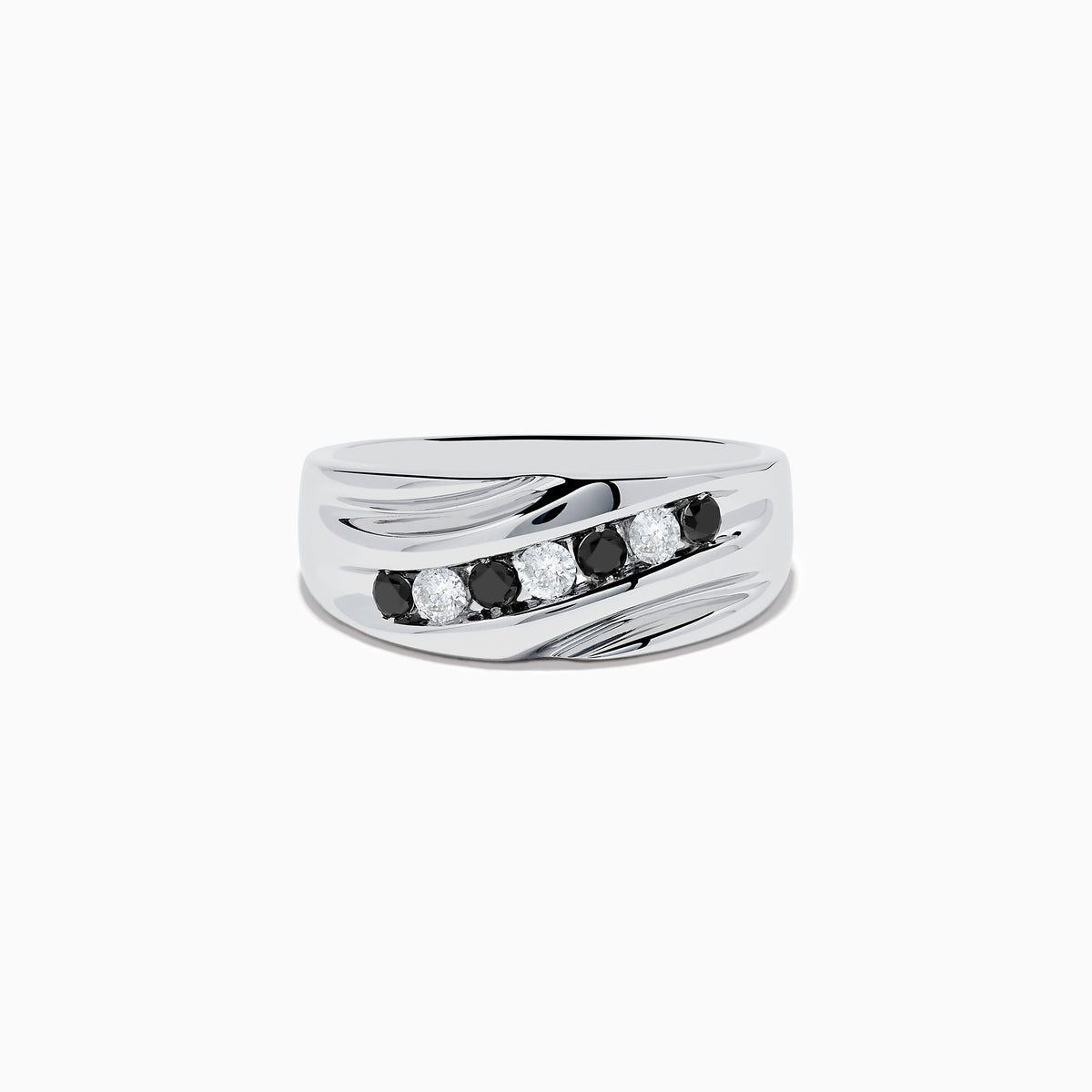 The Mens 14K White Gold Black and White Diamond Ring features a wavy, textured design set with three white diamonds and two black diamonds in a striking row for a bold, modern look.