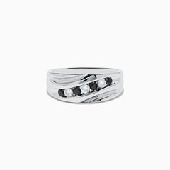 The Mens 14K White Gold Black and White Diamond Ring features a wavy, textured design set with three white diamonds and two black diamonds in a striking row for a bold, modern look.