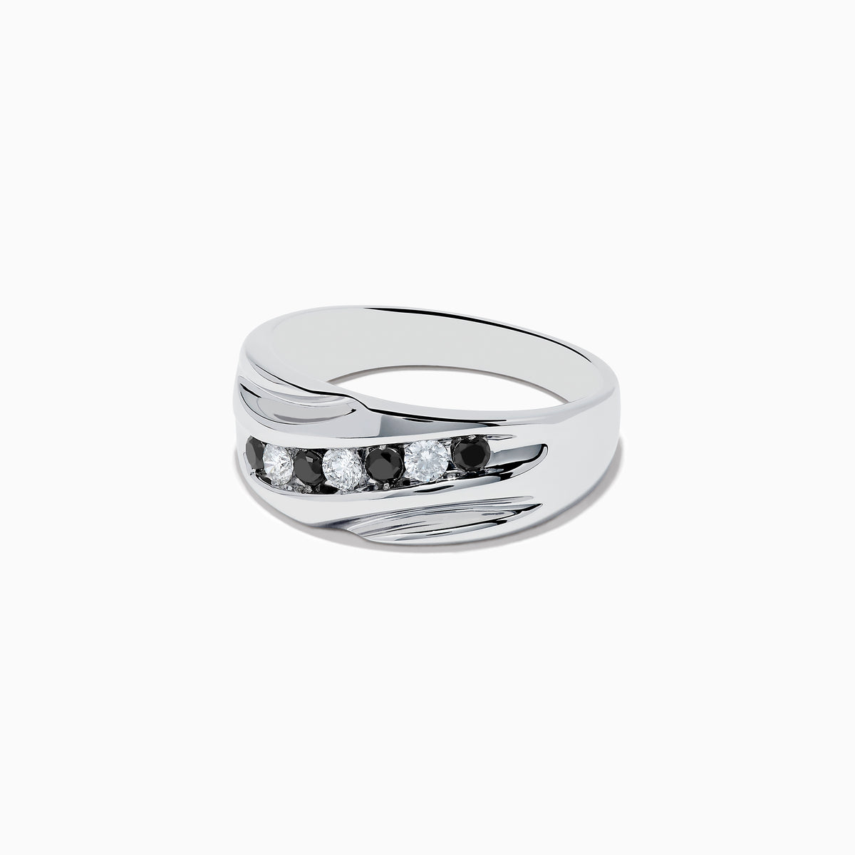 The Mens 14K White Gold Black and White Diamond Ring features a wavy, textured design set with three white diamonds and two black diamonds in a striking row for a bold, modern look.