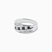 The Mens 14K White Gold Black and White Diamond Ring features a wavy, textured design set with three white diamonds and two black diamonds in a striking row for a bold, modern look.