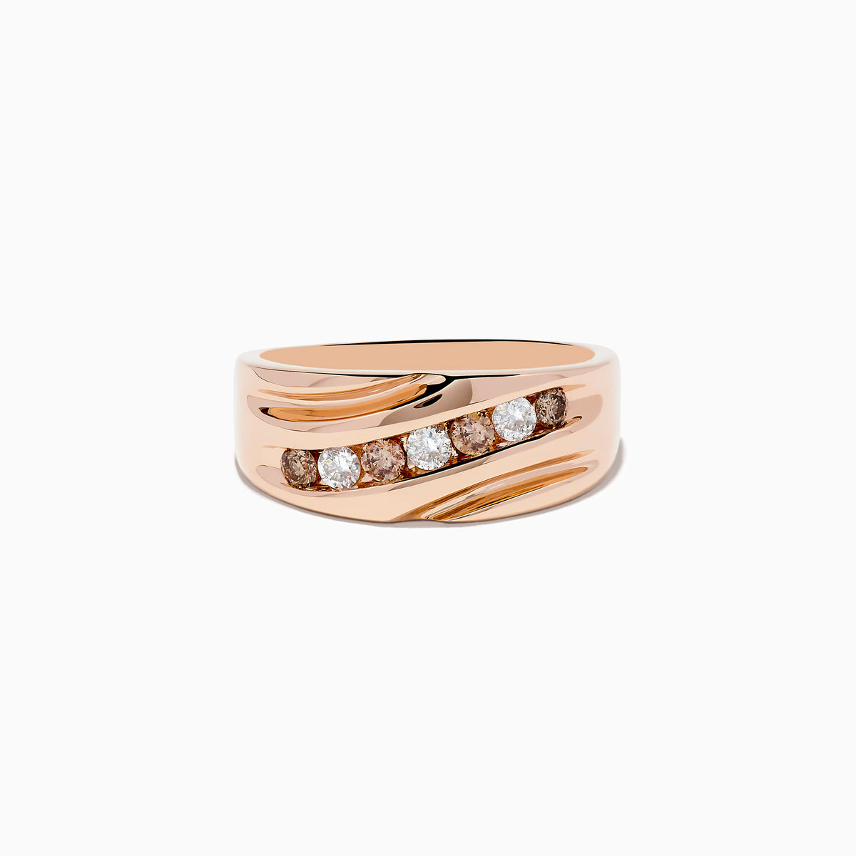 The Mens 14K Rose Gold Espresso and White Diamond Ring showcases a diagonal row of seven round white diamonds at the center, highlighted by engraved wave patterns on each side of its elegant 14K rose gold band.