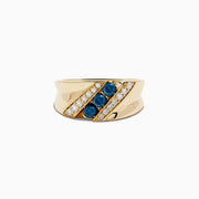 The Mens 14K Yellow Gold Blue and White Diamond Ring features two diagonal rows of small white diamonds and a central row with three round blue gemstones set in the middle.