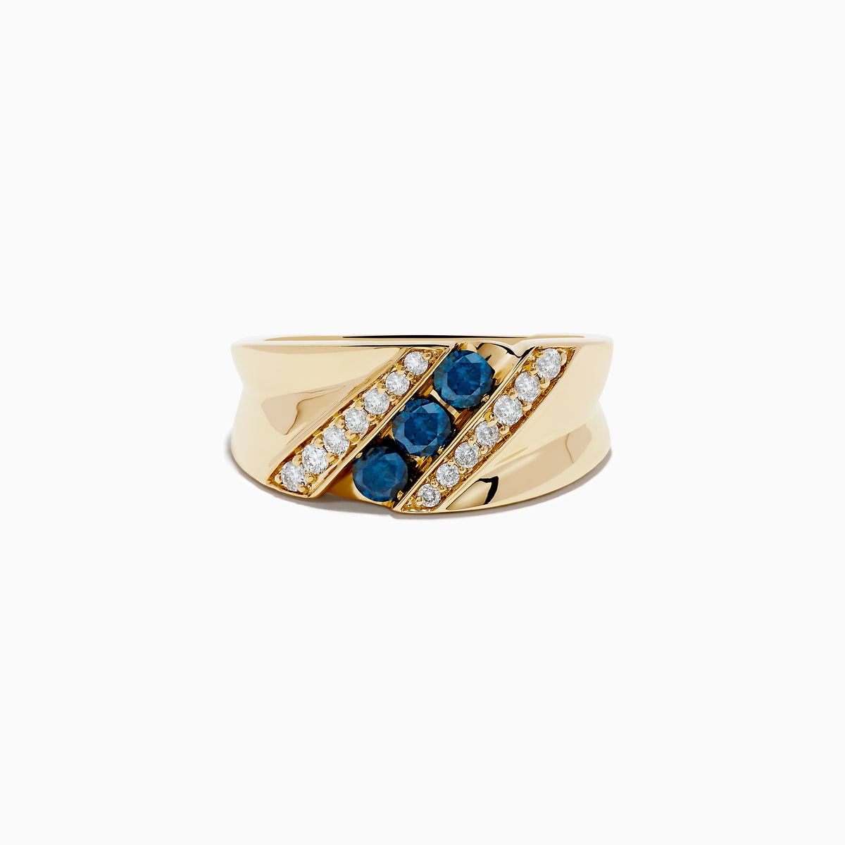 The Mens 14K Yellow Gold Blue and White Diamond Ring features two diagonal rows of small white diamonds and a central row with three round blue gemstones set in the middle.