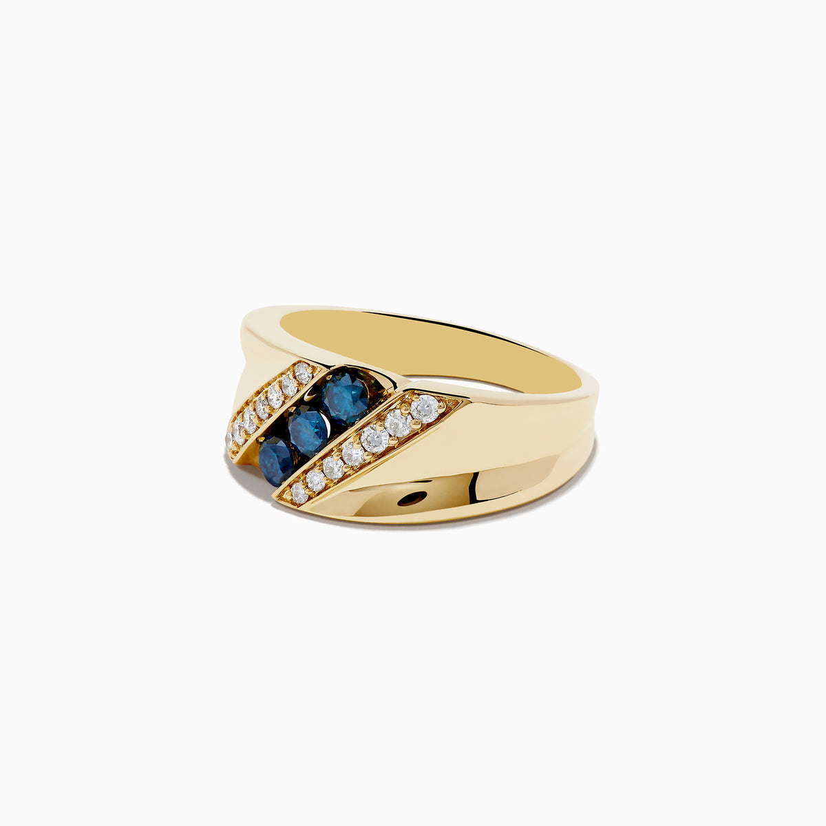 The Mens 14K Yellow Gold Blue and White Diamond Ring features two diagonal rows of small white diamonds and a central row with three round blue gemstones set in the middle.