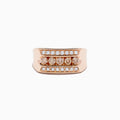 The Mens 14K Rose Gold Espresso and White Diamond Ring features three rows of diamonds with bold espresso stones in the center and white diamonds on each side, perfect for those who want a striking and distinctive mens ring.