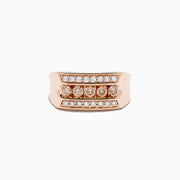The Mens 14K Rose Gold Espresso and White Diamond Ring features three rows of diamonds with bold espresso stones in the center and white diamonds on each side, perfect for those who want a striking and distinctive mens ring.