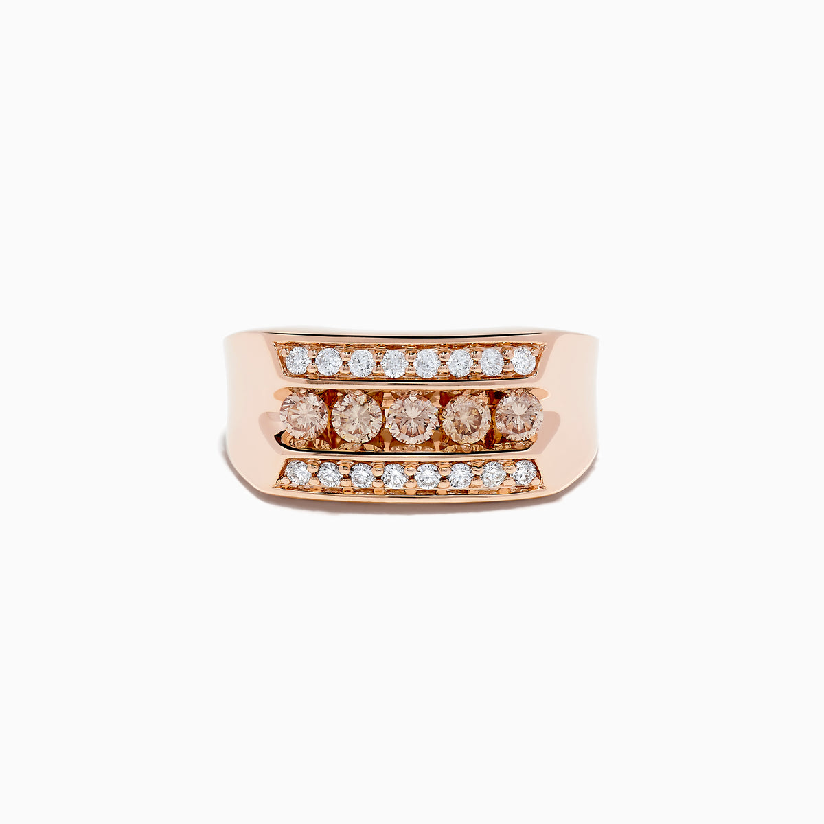 The Mens 14K Rose Gold Espresso and White Diamond Ring features three rows of diamonds with bold espresso stones in the center and white diamonds on each side, perfect for those who want a striking and distinctive mens ring.