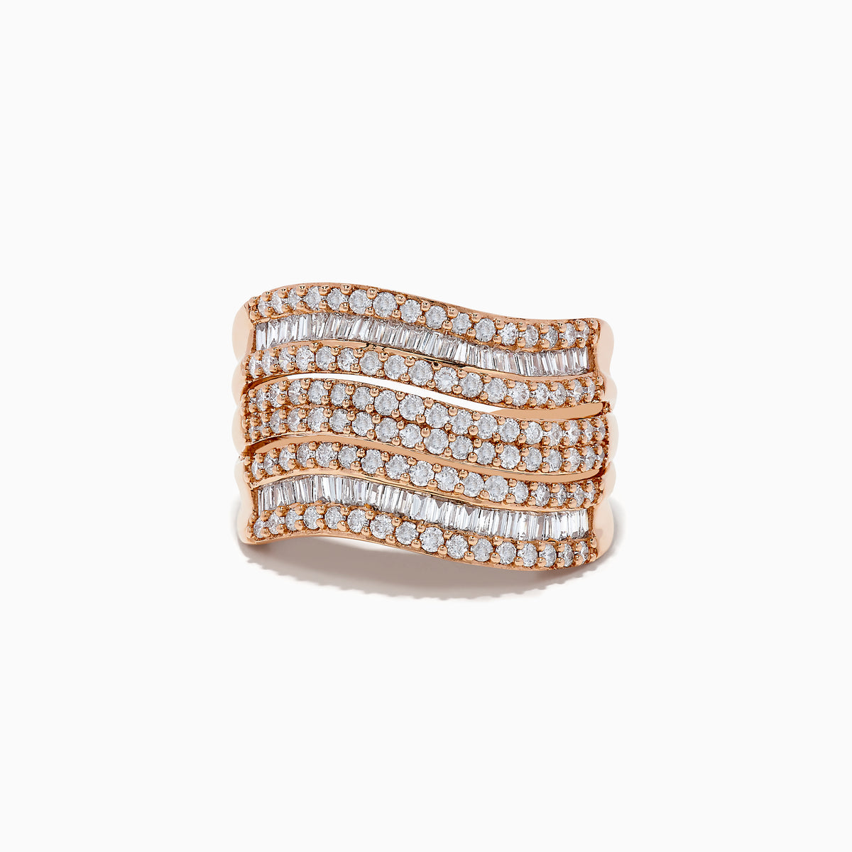 The Pave Rose 14K Rose Gold Diamond Ring features multiple wavy rows of round and baguette-cut diamonds set in wide 14K rose gold, creating an elegant shimmering pattern.