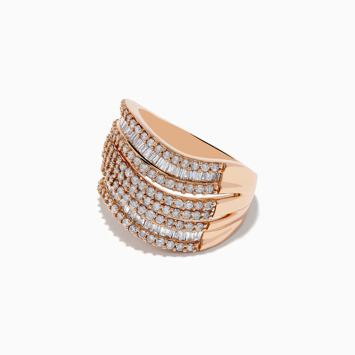 The Pave Rose 14K Rose Gold Diamond Ring features multiple wavy rows of round and baguette-cut diamonds set in wide 14K rose gold, creating an elegant shimmering pattern.