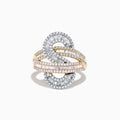 The Trio 14K Tri Color Gold Diamond Swirl Ring features an intricate swirl design in three gold tones, accented with rows of small rectangular diamonds, shown against a white background.