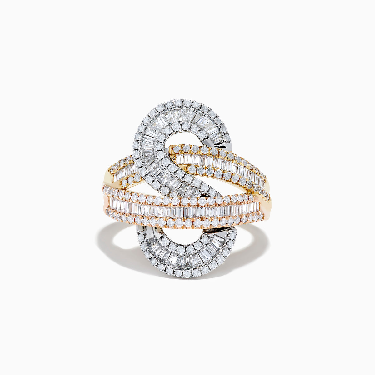 The Trio 14K Tri Color Gold Diamond Swirl Ring features an intricate swirl design in three gold tones, accented with rows of small rectangular diamonds, shown against a white background.