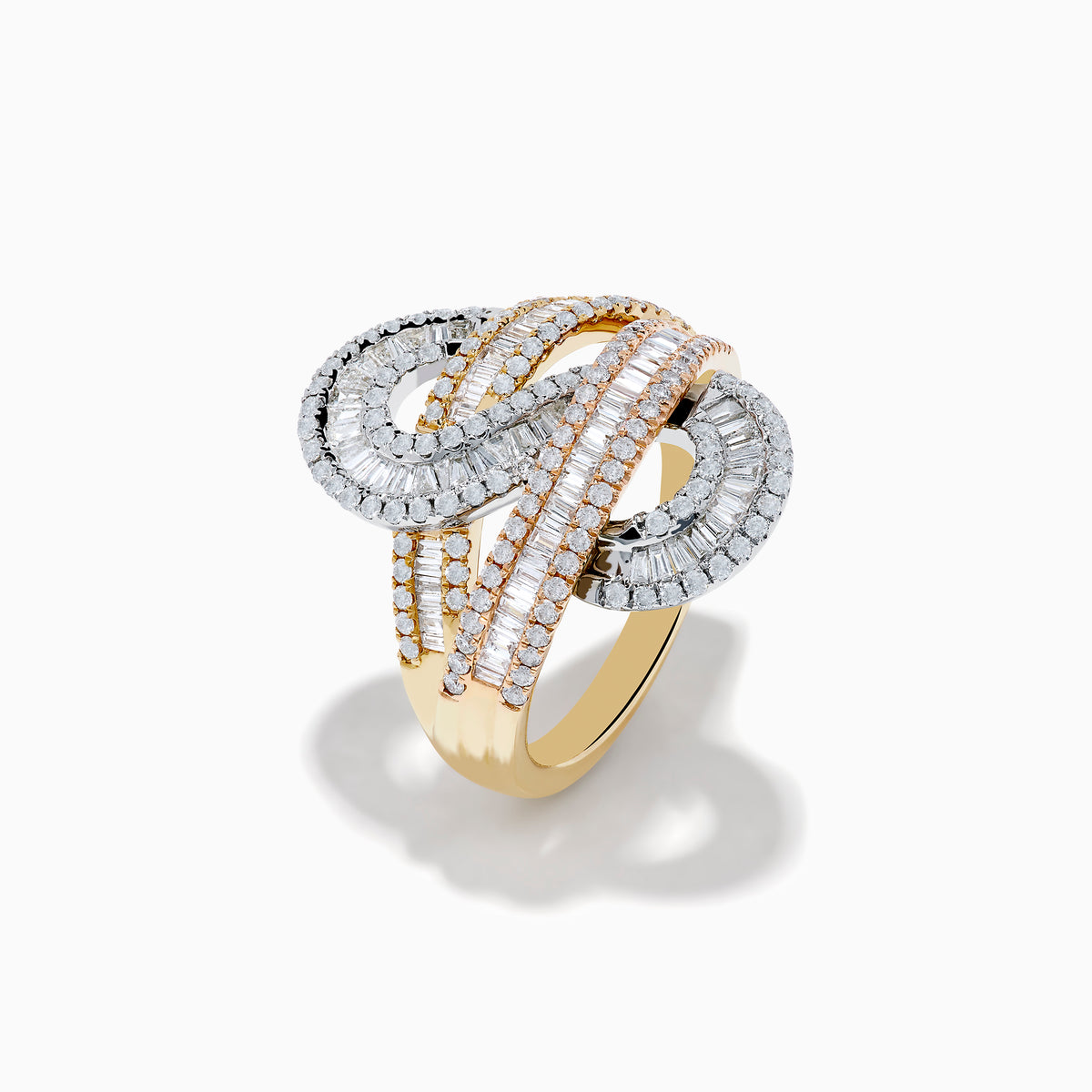 The Trio 14K Tri Color Gold Diamond Swirl Ring features an intricate swirl design in three gold tones, accented with rows of small rectangular diamonds, shown against a white background.