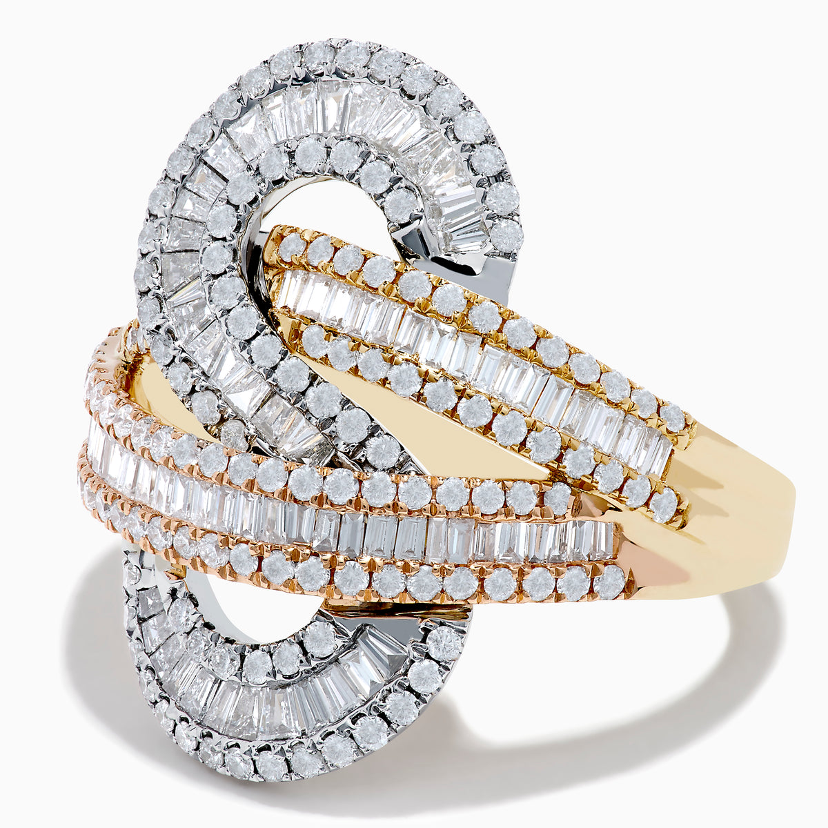 The Trio 14K Tri Color Gold Diamond Swirl Ring features an intricate swirl design in three gold tones, accented with rows of small rectangular diamonds, shown against a white background.