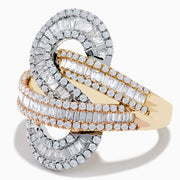 The Trio 14K Tri Color Gold Diamond Swirl Ring features an intricate swirl design in three gold tones, accented with rows of small rectangular diamonds, shown against a white background.