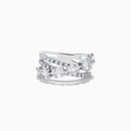 The Classique 14K White Gold Diamond Crossover Ring showcases multiple overlapping bands set with round and baguette-cut diamonds, creating an elegant sparkle against a plain white background.