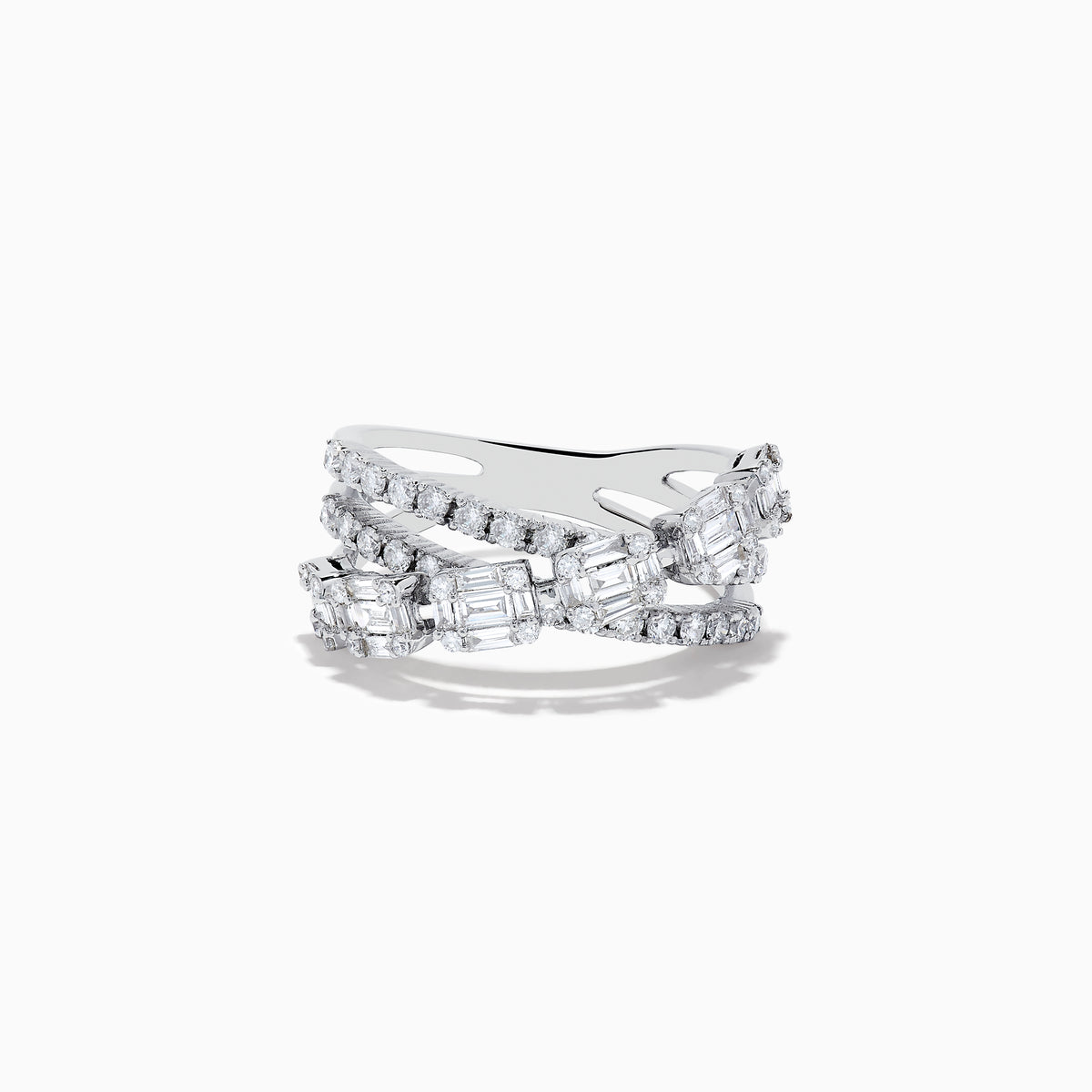The Classique 14K White Gold Diamond Crossover Ring showcases multiple overlapping bands set with round and baguette-cut diamonds, creating an elegant sparkle against a plain white background.
