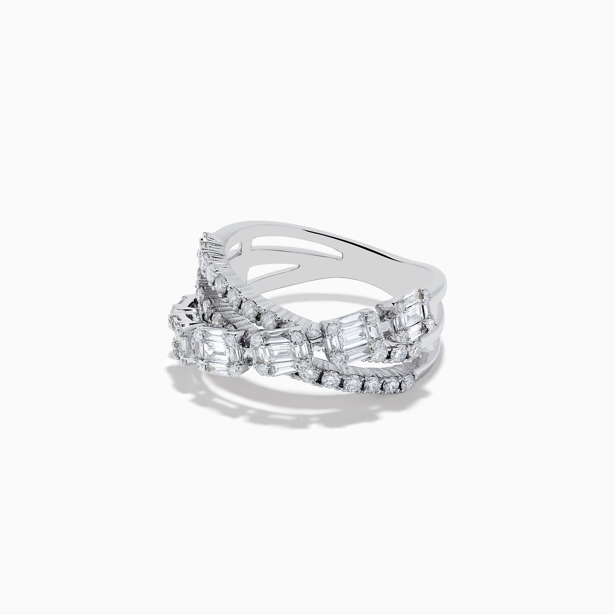 The Classique 14K White Gold Diamond Crossover Ring showcases multiple overlapping bands set with round and baguette-cut diamonds, creating an elegant sparkle against a plain white background.